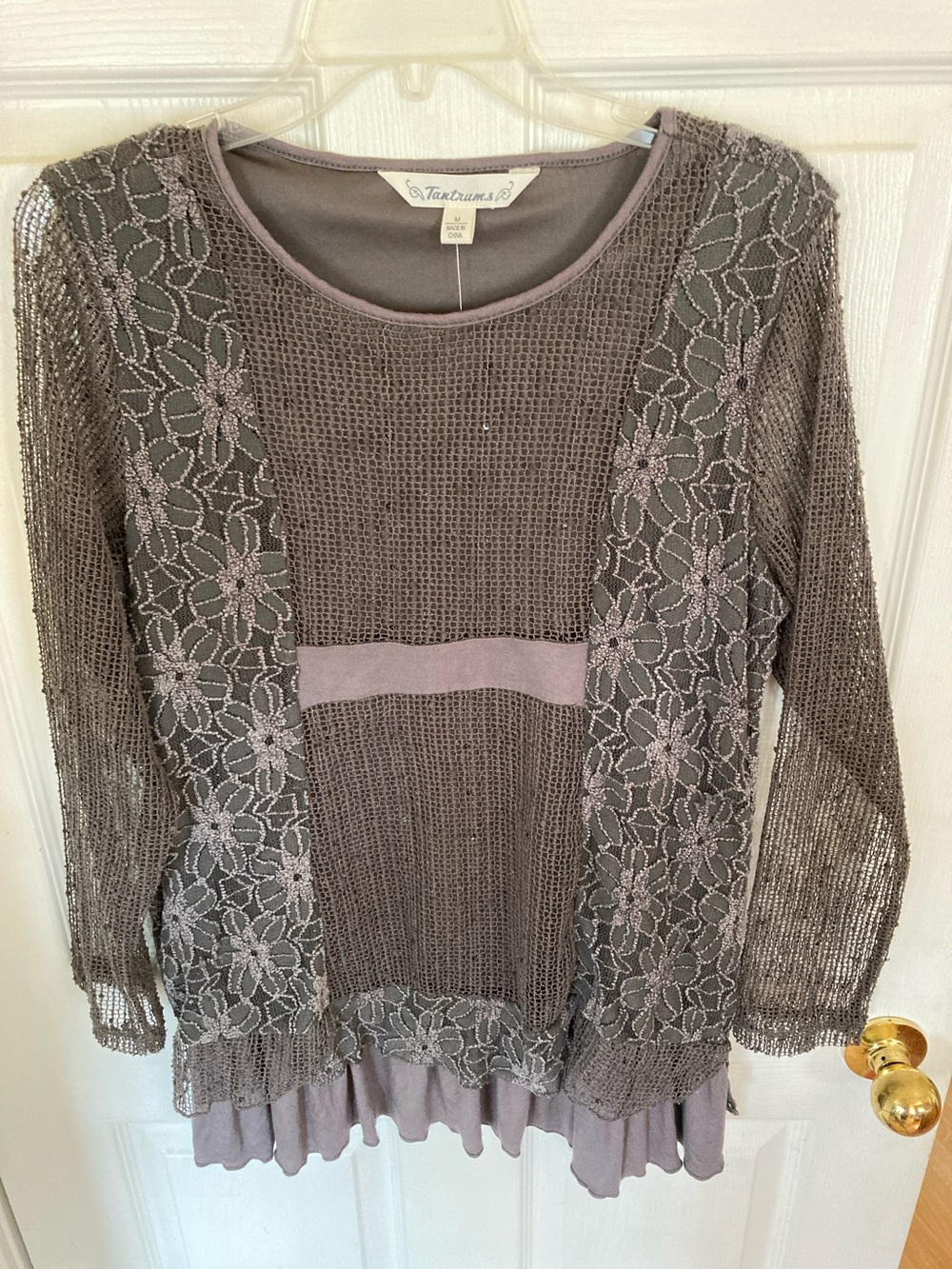 Tantrums Layered Crochet Floral Knit Boho Tunic in Mauve Gray